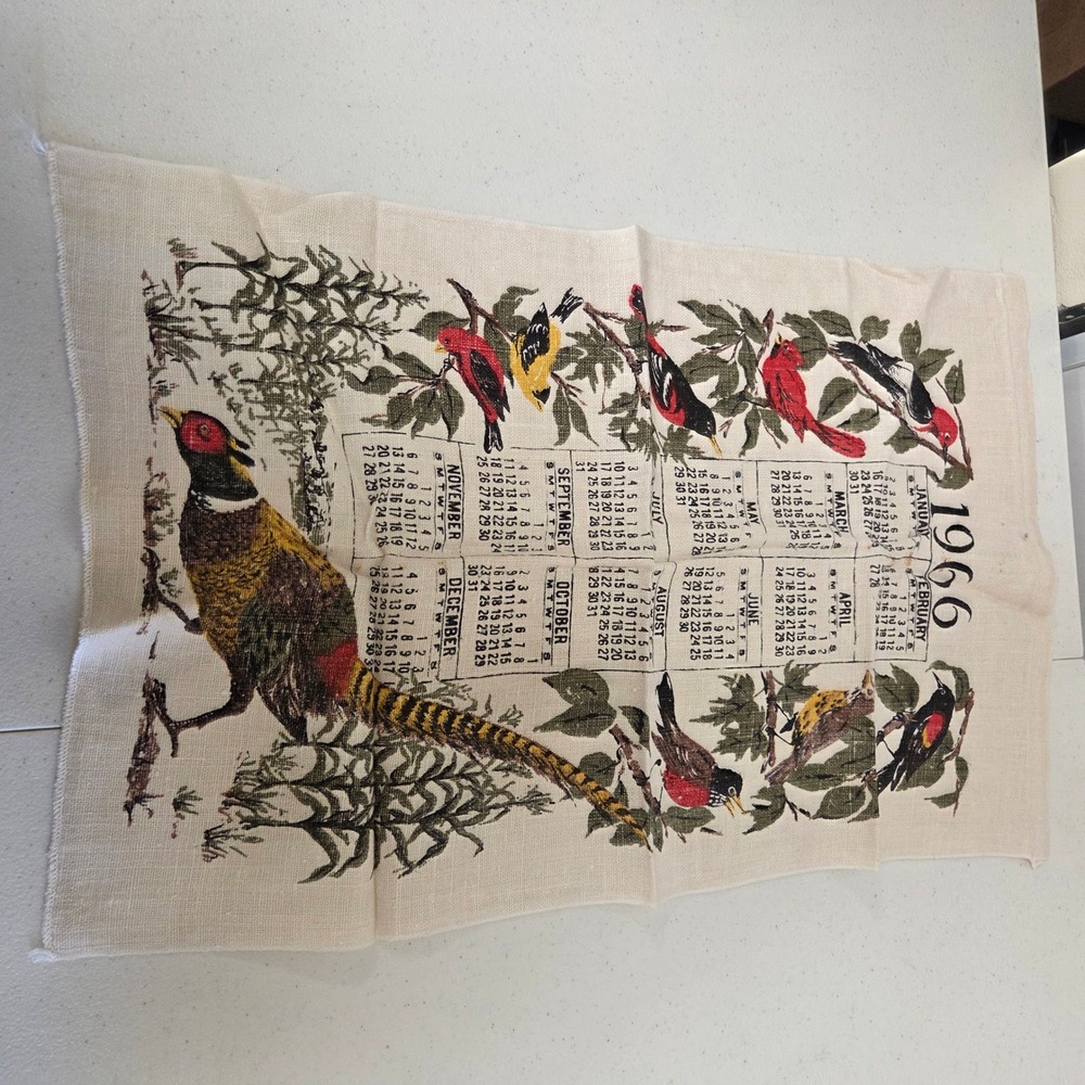 Vintage 1966 Linen Calendar Wall Hanging Birds Pheasant Mid Century Decor 27x16
